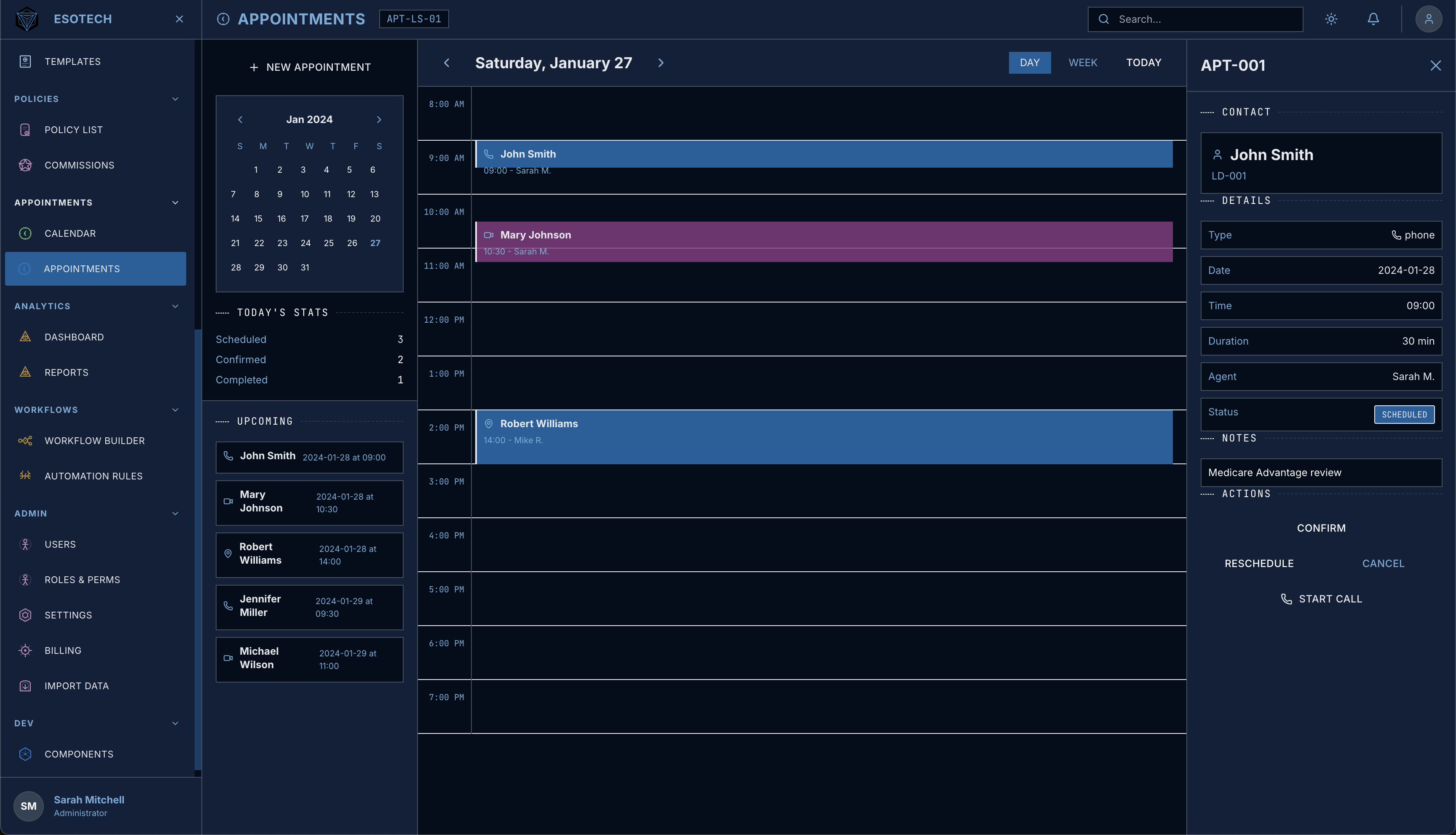 TLDNXS appointment calendar with a selected customer, agent, appointment details, and call action